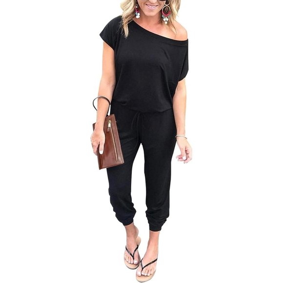 Women's Black Loose Solid Off Shoulder Elastic Waist Stretchy Romper Jumpsuit - Picture 2 of 7